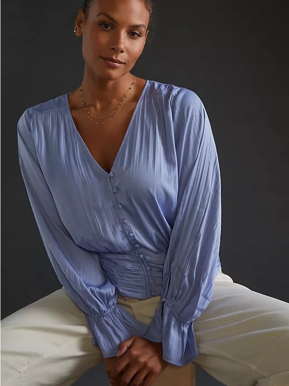 Anthropologie Light Blue V-Neck Button-Waist Peasant Blouse